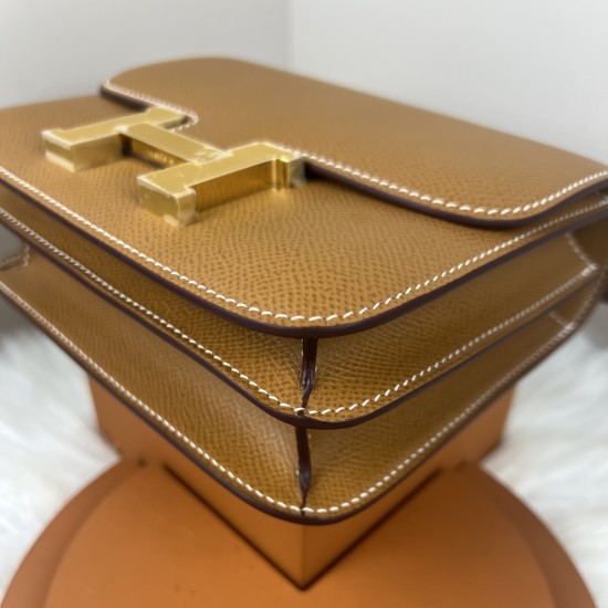 HERMES Constance Stewardess Bag New with Mirror 19 Kang Kang Golden Brown Gold Buckle High-end Quality Epsom Cowhide Leather Handmade Waxed Line Shoulder Crossbody Bag Mini Size 19154cm In stock Lot 700