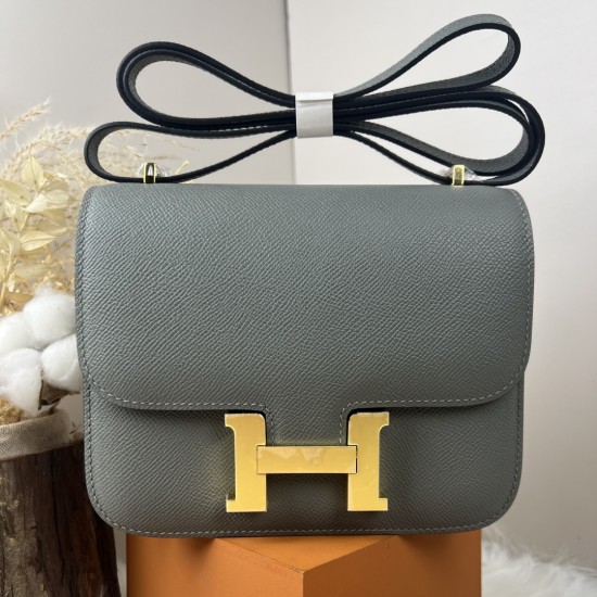 HERMES Constance stewardess bag new version with mirror 19 Kang Kang cum rain gray gold buckle High-end quality Epsom cowhide handmade waxed line shoulder crossbody bag mini size 19154cm spot batch 700