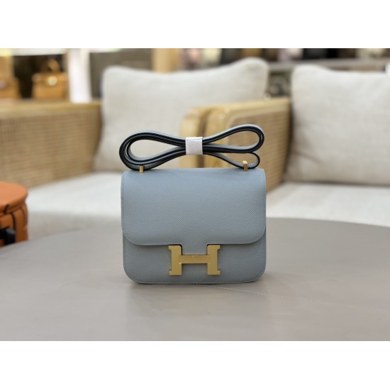 Stewardess Bag Constance Kang Kang 19cm Linen Blue Gold Buckle Mirror Model Imported Epsom Leather All Steel Hardware Waxed Stitching Lot 700