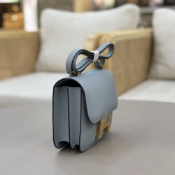 Stewardess Bag Constance Kang Kang 19cm Linen Blue Gold Buckle Mirror Model Imported Epsom Leather All Steel Hardware Waxed Stitching Lot 700