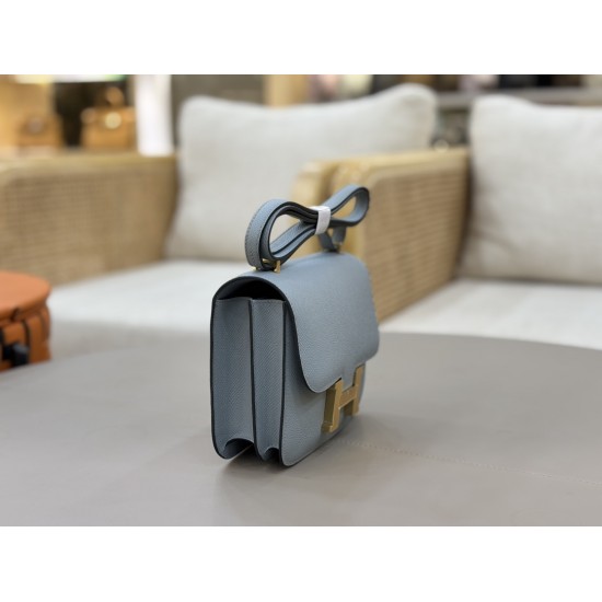 Stewardess Bag Constance Kang Kang 19cm Linen Blue Gold Buckle Mirror Model Imported Epsom Leather All Steel Hardware Waxed Stitching Lot 700