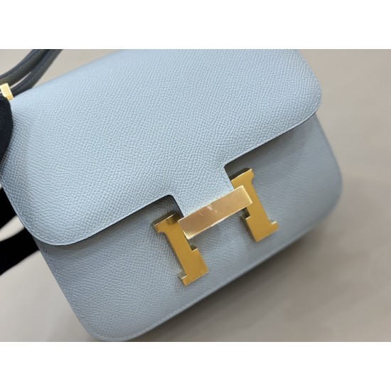 Stewardess Bag Constance Kang Kang 19cm Linen Blue Gold Buckle Mirror Model Imported Epsom Leather All Steel Hardware Waxed Stitching Lot 700