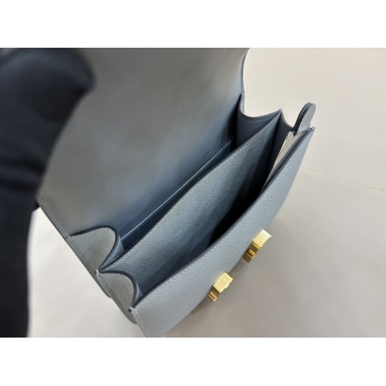 Stewardess Bag Constance Kang Kang 19cm Linen Blue Gold Buckle Mirror Model Imported Epsom Leather All Steel Hardware Waxed Stitching Lot 700