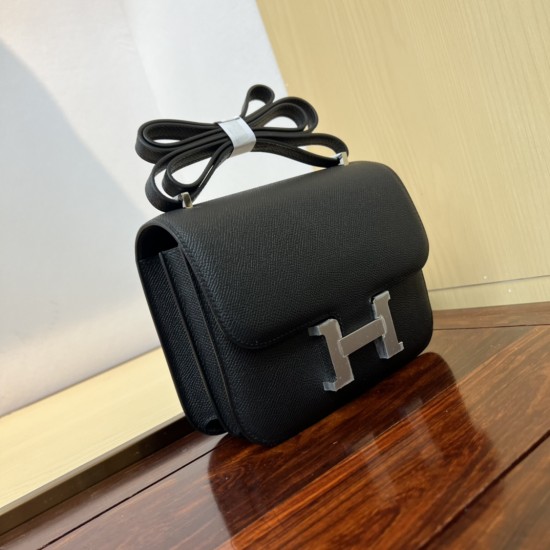 In stock KK19 black and silver French Haas leather factory epsom leather kangkang 19cm full hand-stitched waxed thread full steel hardware lined sheepskin