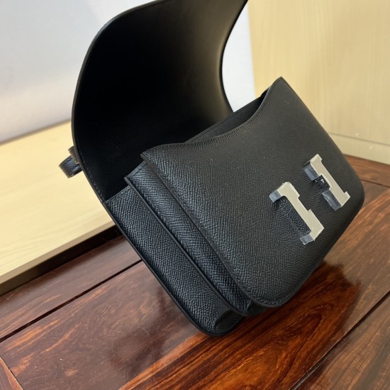 In stock KK19 black and silver French Haas leather factory epsom leather kangkang 19cm full hand-stitched waxed thread full steel hardware lined sheepskin