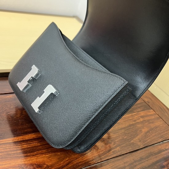 In stock KK19 black and silver French Haas leather factory epsom leather kangkang 19cm full hand-stitched waxed thread full steel hardware lined sheepskin