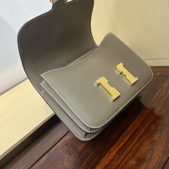 In stock KK19 Elephant Gray French Haas Leather Factory epsom leather Kang Kang 19cm full hand-stitched waxed thread Full steel hardware Lined sheepskin