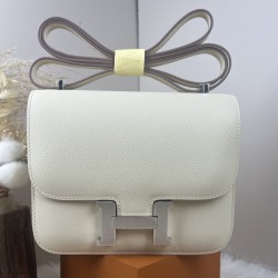 HERMES Constance Stewardess Bag New with Mirror 19 Kang Kang Milkshake White Silver Buckle High-end Quality Epsom Cowhide Leather Handmade Waxed Thread Shoulder Crossbody Mini Size 19154cm In stock Lot 700