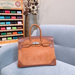 New Birkin Lace Platinum 35cm Original Imported Suede Swift Leather Gold Brown Silver Buckle Limited Edition Counter synchronization Handmade beeswax thread sewing Pure steel hardware High-end customized batch 1600