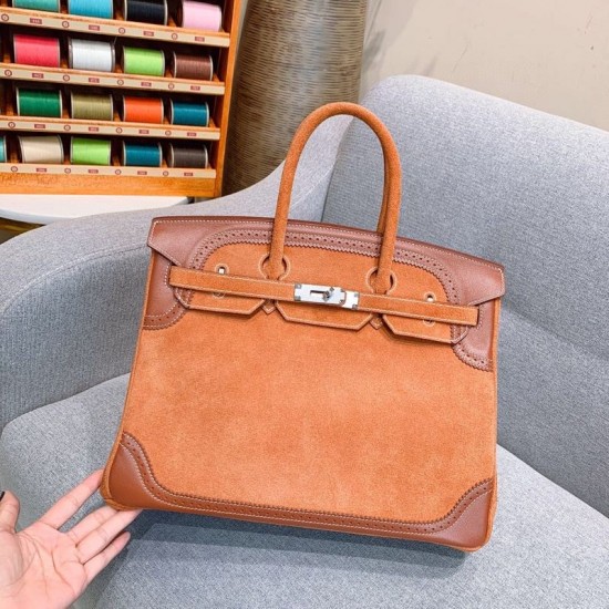 New Birkin Lace Platinum 35cm Original Imported Suede Swift Leather Gold Brown Silver Buckle Limited Edition Counter synchronization Handmade beeswax thread sewing Pure steel hardware High-end customized batch 1600