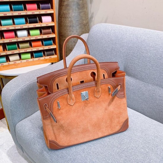 New Birkin Lace Platinum 35cm Original Imported Suede Swift Leather Gold Brown Silver Buckle Limited Edition Counter synchronization Handmade beeswax thread sewing Pure steel hardware High-end customized batch 1600