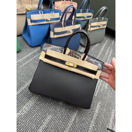 In stock touch BK25 Togo leather with high gloss crocodile platinum 25cm full hand-stitched waxed thread Full steel hardware Lined with goat skin