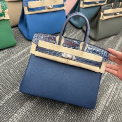In stock touch BK25 Togo leather with high gloss crocodile platinum 25cm full hand-stitched waxed thread Full steel hardware Lined with goat skin