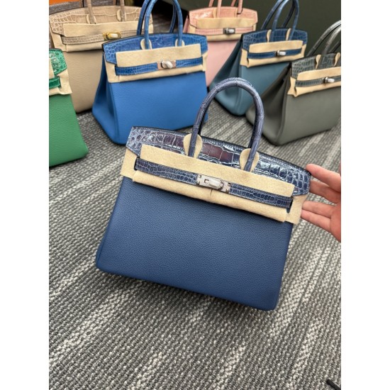 In stock touch BK25 Togo leather with high gloss crocodile platinum 25cm full hand-stitched waxed thread Full steel hardware Lined with goat skin