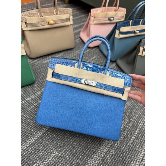 In stock touch BK25 Togo leather with high gloss crocodile platinum 25cm full hand-stitched waxed thread Full steel hardware Lined with goat skin