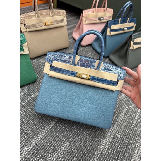 In stock touch BK25 Togo leather with high gloss crocodile platinum 25cm full hand-stitched waxed thread Full steel hardware Lined with goat skin