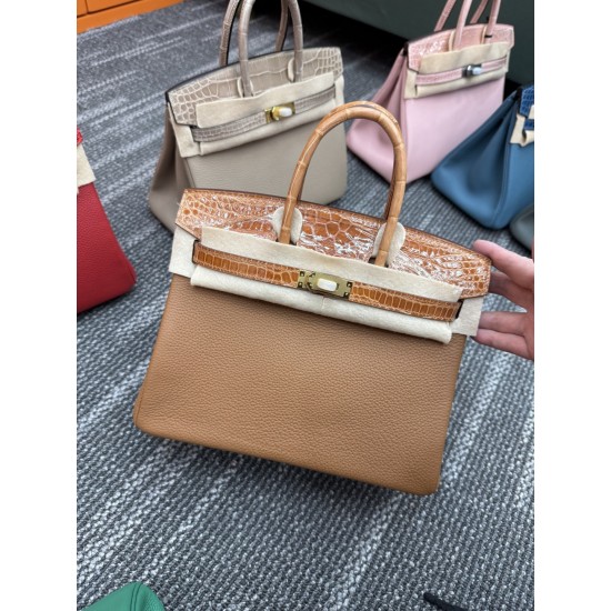 In stock touch BK25 Togo leather with high gloss crocodile platinum 25cm full hand-stitched waxed thread Full steel hardware Lined with goat skin