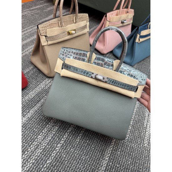 In stock touch BK25 Togo leather with high gloss crocodile platinum 25cm full hand-stitched waxed thread Full steel hardware Lined with goat skin