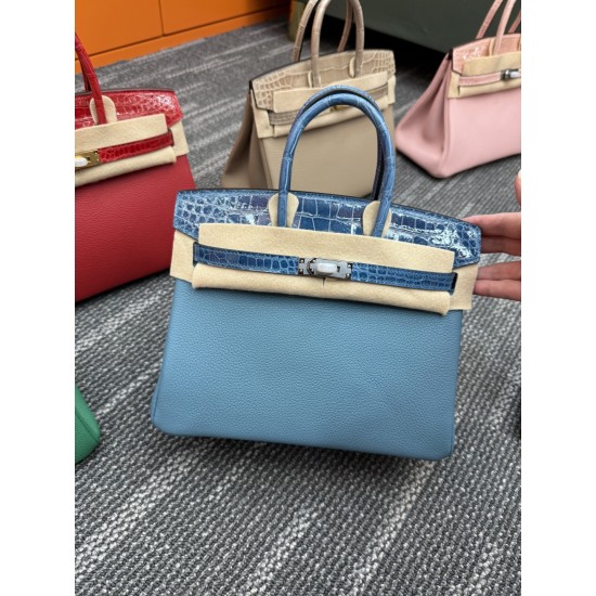 In stock touch BK25 Togo leather with high gloss crocodile platinum 25cm full hand-stitched waxed thread Full steel hardware Lined with goat skin