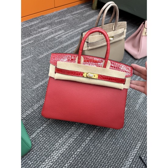 In stock touch BK25 Togo leather with high gloss crocodile platinum 25cm fully hand stitched with waxed thread Full steel hardware Lined with goat skin