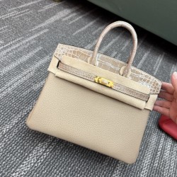 In stock touch BK25 Togo leather with high gloss crocodile platinum 25cm fully hand stitched with waxed thread Full steel hardware Lined with goat skin