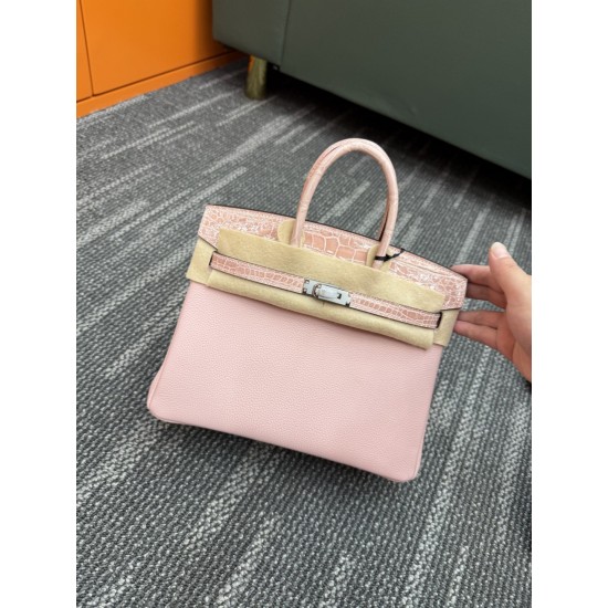 In stock touch BK25 Togo leather with high gloss crocodile platinum 25cm fully hand stitched with waxed thread Full steel hardware Lined with goat skin