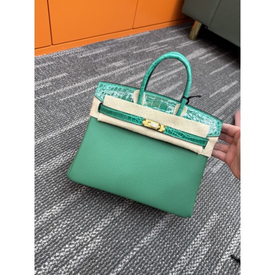 In stock touch BK25 Togo leather with high gloss crocodile platinum 25cm fully hand stitched with waxed thread Full steel hardware Lined with goat skin