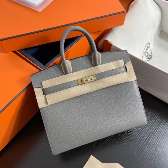 Lot 1111 Birkin Outside Sewn 25cm epsom leather 0L Gris Meyer Cumulonimbus Gray Gold Buckle Phw Fully Handmade Beeswax Thread Sewn