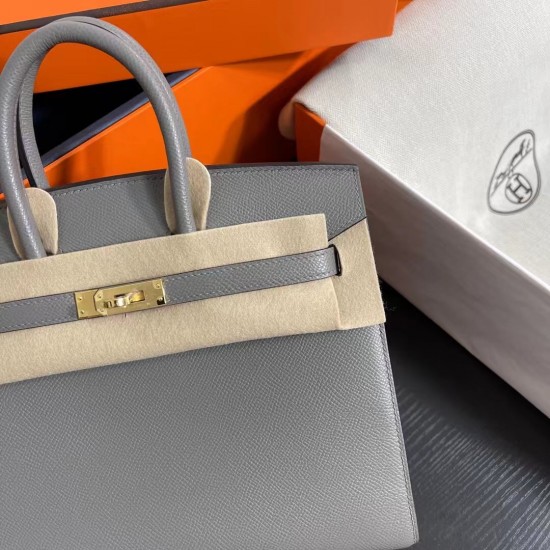 Lot 1111 Birkin Outside Sewn 25cm epsom leather 0L Gris Meyer Cumulonimbus Gray Gold Buckle Phw Fully Handmade Beeswax Thread Sewn