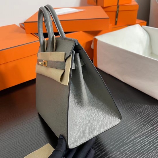 Lot 1111 Birkin Outside Sewn 25cm epsom leather 0L Gris Meyer Cumulonimbus Gray Gold Buckle Phw Fully Handmade Beeswax Thread Sewn