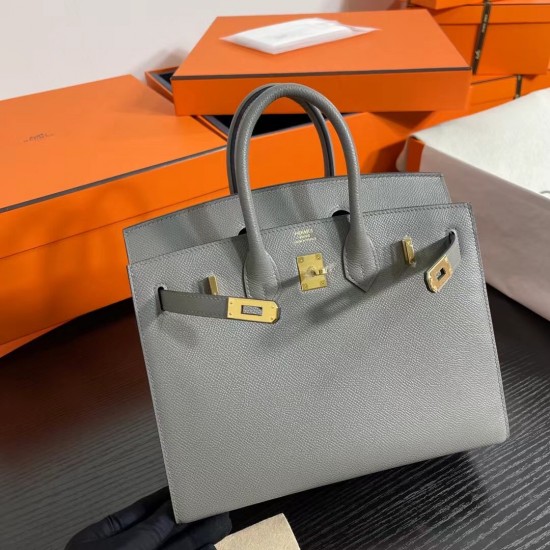 Lot 1111 Birkin Outside Sewn 25cm epsom leather 0L Gris Meyer Cumulonimbus Gray Gold Buckle Phw Fully Handmade Beeswax Thread Sewn