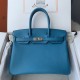 Spot Birkin 30cm Imported Epsom Leather Handmade Waxed Stitching Lake Blue Gold and Silver Button One color can be customized Oh Batch 1234