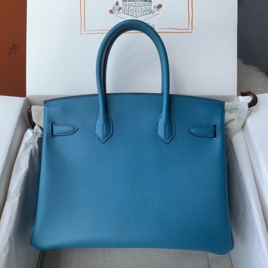 Spot Birkin 30cm Imported Epsom Leather Handmade Waxed Stitching Lake Blue Gold and Silver Button One color can be customized Oh Batch 1234