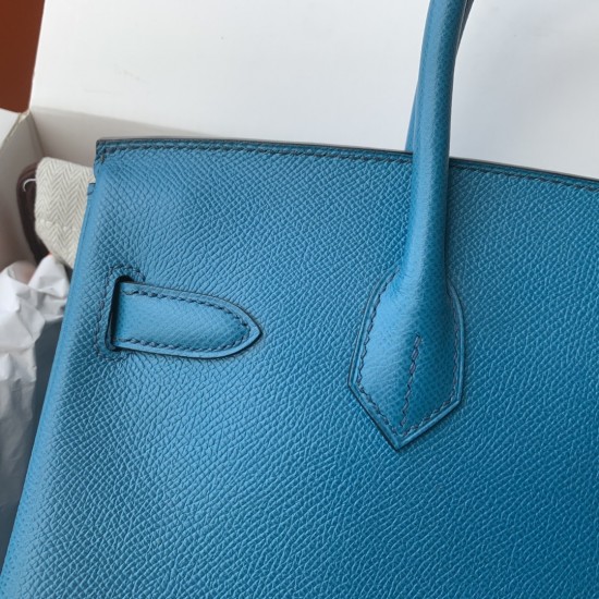 Spot Birkin 30cm Imported Epsom Leather Handmade Waxed Stitching Lake Blue Gold and Silver Button One color can be customized Oh Batch 1234