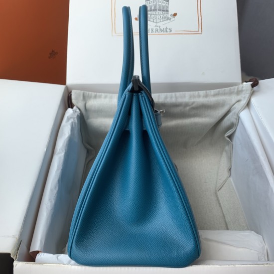 Spot Birkin 30cm Imported Epsom Leather Handmade Waxed Stitching Lake Blue Gold and Silver Button One color can be customized Oh Batch 1234