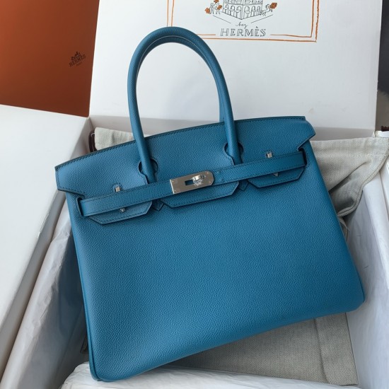 Spot Birkin 30cm Imported Epsom Leather Handmade Waxed Stitching Lake Blue Gold and Silver Button One color can be customized Oh Batch 1234