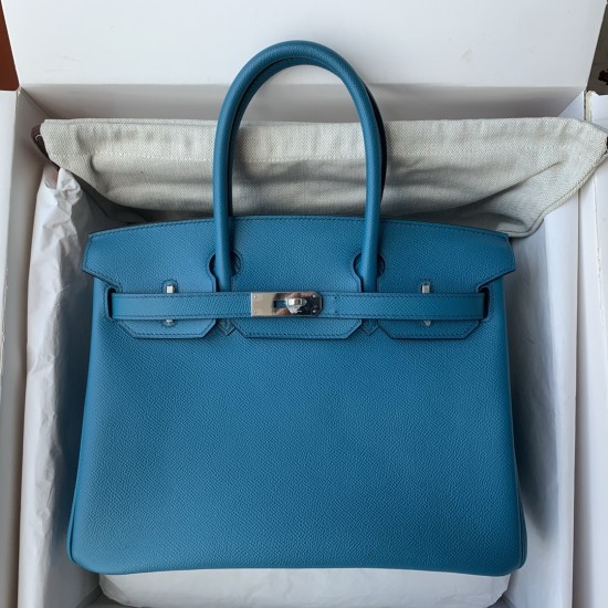 Spot Birkin 30cm Imported Epsom Leather Handmade Waxed Stitching Lake Blue Gold and Silver Button One color can be customized Oh Batch 1234