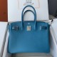 Spot Birkin 30cm Imported Epsom Leather Handmade Waxed Stitching Lake Blue Gold and Silver Button One color can be customized Oh Batch 1234