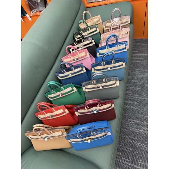 In stock touch BK25 Togo leather with high gloss crocodile platinum 25cm fully hand stitched with waxed thread Full steel hardware Lined with goat skin