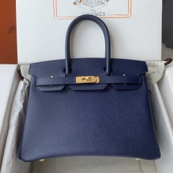 Spot Birkin 30cm Imported Epsom Leather Handmade Waxed Stitching Blue Gold and Silver Button One color can be customized Oh Batch 1234