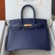 Spot Birkin 30cm Imported Epsom Leather Handmade Waxed Stitching Blue Gold and Silver Button One color can be customized Oh Batch 1234