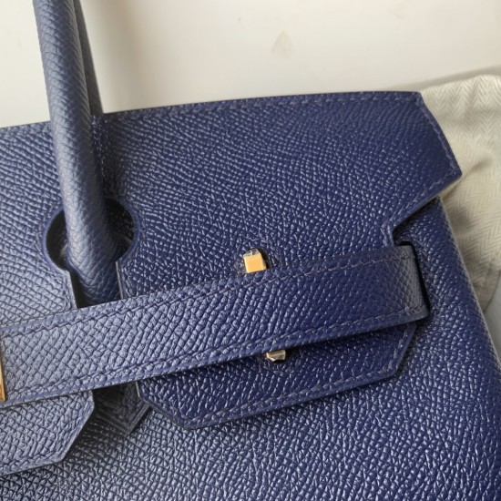 Spot Birkin 30cm Imported Epsom Leather Handmade Waxed Stitching Blue Gold and Silver Button One color can be customized Oh Batch 1234