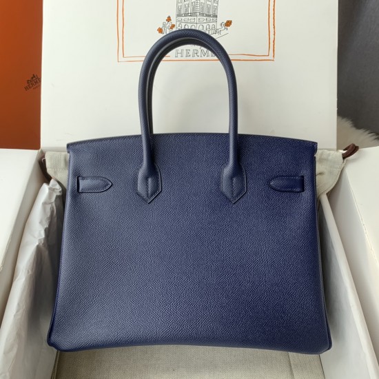 Spot Birkin 30cm Imported Epsom Leather Handmade Waxed Stitching Blue Gold and Silver Button One color can be customized Oh Batch 1234