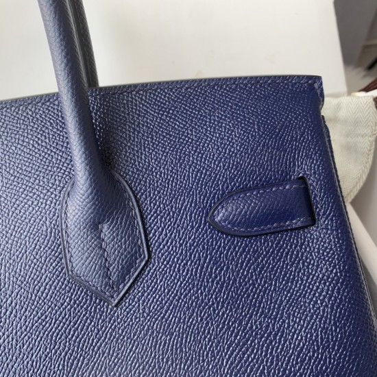 Spot Birkin 30cm Imported Epsom Leather Handmade Waxed Stitching Blue Gold and Silver Button One color can be customized Oh Batch 1234