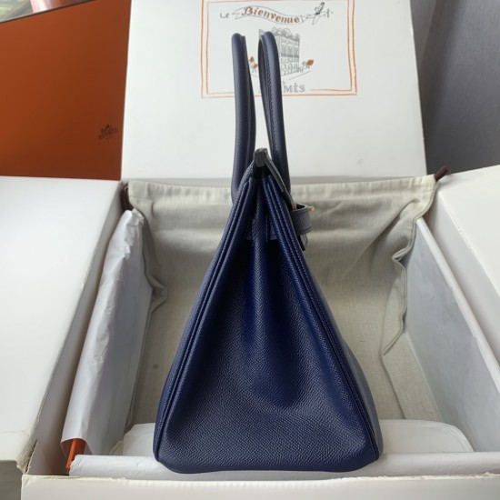 Spot Birkin 30cm Imported Epsom Leather Handmade Waxed Stitching Blue Gold and Silver Button One color can be customized Oh Batch 1234