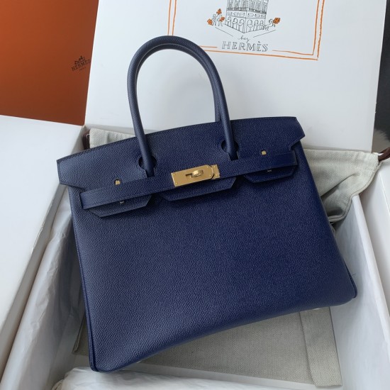Spot Birkin 30cm Imported Epsom Leather Handmade Waxed Stitching Blue Gold and Silver Button One color can be customized Oh Batch 1234