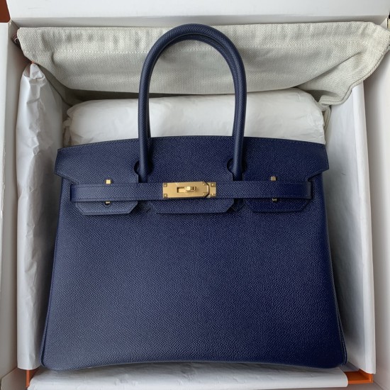 Spot Birkin 30cm Imported Epsom Leather Handmade Waxed Stitching Blue Gold and Silver Button One color can be customized Oh Batch 1234