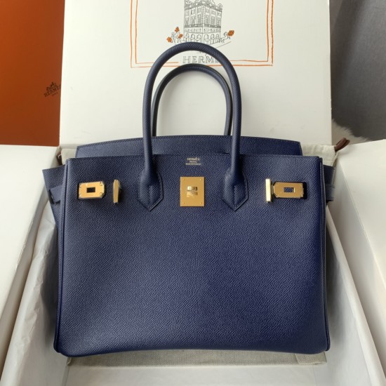 Spot Birkin 30cm Imported Epsom Leather Handmade Waxed Stitching Blue Gold and Silver Button One color can be customized Oh Batch 1234