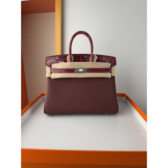 In stock touch BK25 Togo leather with high gloss crocodile platinum 25cm fully hand stitched with waxed thread Full steel hardware Lined with goat skin