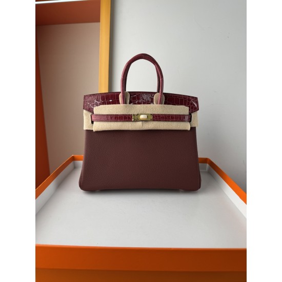 In stock touch BK25 Togo leather with high gloss crocodile platinum 25cm fully hand stitched with waxed thread Full steel hardware Lined with goat skin